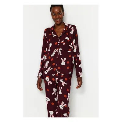 Trendyol Burgundy Rabbit Patterned Shirt-Pants Woven Pajamas Set