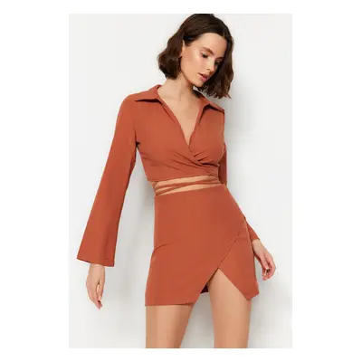 Trendyol Brown Belted Knitted Tie Blouse and Skirt Set