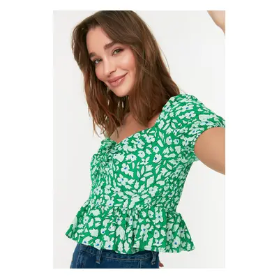 Trendyol Green Gathered Floral Woven Blouse