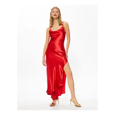 Koton Evening Dress in Satin with Long Slit Plunging Collar