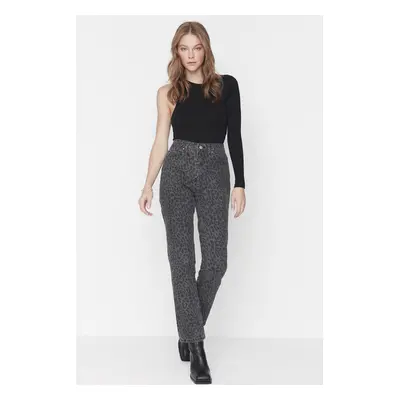 Trendyol Black Leopard Print High Derékú Straight Jeans