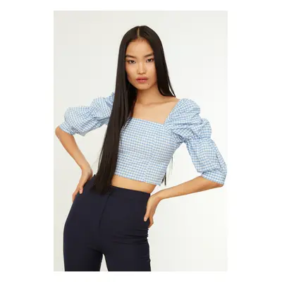 Trendyol Blue Crop Balloon Sleeve Houndstooth Blouse