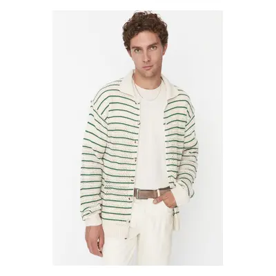 Trendyol Ecru Regular Fit Crochet Detailed Striped Knitwear Cardigan