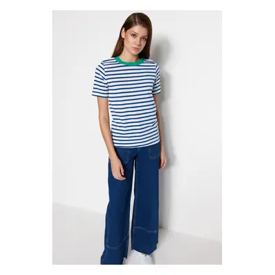 Trendyol Navy Blue Striped Basic Color Crewneck Knitted T-Shirt