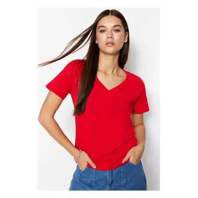 Trendyol Red 100% Cotton Basic V-Neck Knitted T-Shirt