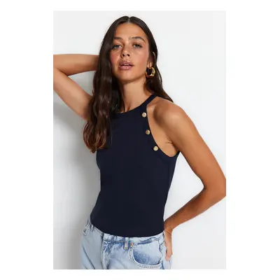 Trendyol Navy Blue Gold Button Detailed Fitted Barter Neck Crop Smart Knitted Blouse