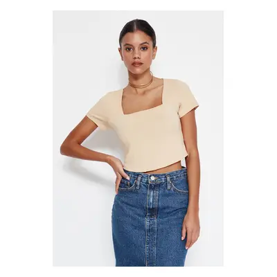 Trendyol Stone Bodice Detail Crop Square Collar Cotton Stretch Knitted Blouse