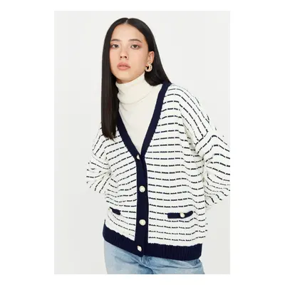 Trendyol Navy Blue széles mintás csíkos kötöttáru Cardigan