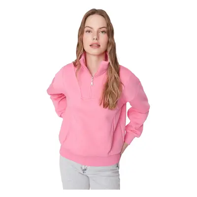 Trendyol Pink Oversize/Wide Fit Zippered Stand Collar Thick Inside Fleece Knitted Sweatshirt