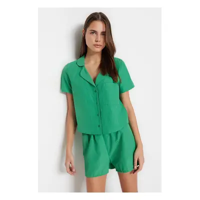 Trendyol Green Terrycotton Shirt-Shorts Woven Pajamas Set