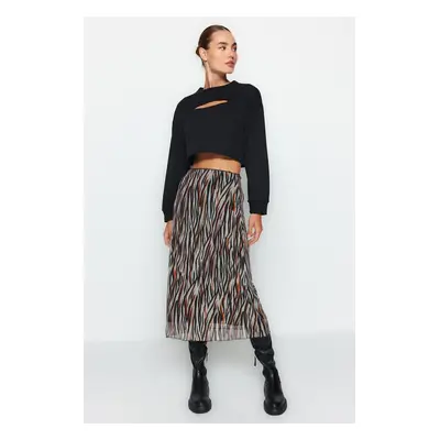 Trendyol Brown Elastic Waist, Printed Midi-Length Lined Tulle Knitted Skirt