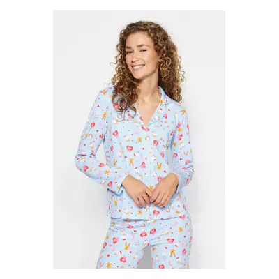 Trendyol Blue 100% Cotton Teddy Bear-Heart Patterned Knitted Pajama Set