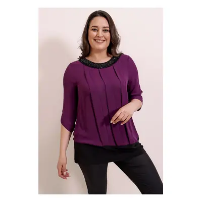 By Saygı Plus Size Chiffon Blouse with Beaded Collar and Front Pleated