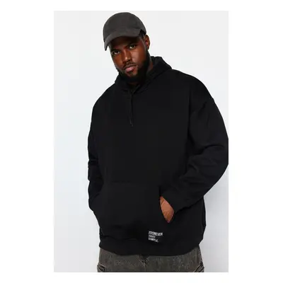 Trendyol Black Plus Size Hooded Labeled Fleece/Warm Sweatshirt