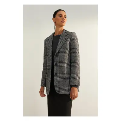 Trendyol Gray Premium Wool Look Regular Lined Woven Plaid Blazer Jacket