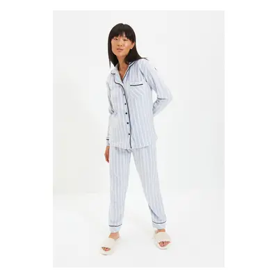 Trendyol Blue Striped Piping Detailed Sleep Banded Fleece Winter Knitted Pajamas Set