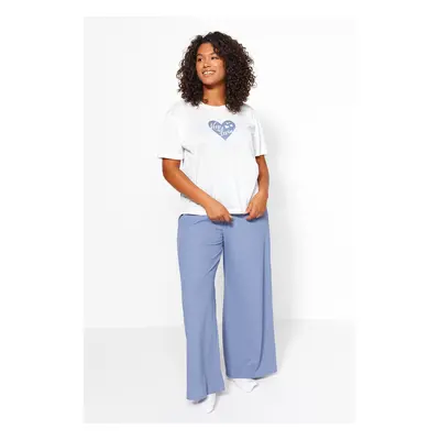 Trendyol Curve Blue Heart Pattern Ribbed Knitted Pajamas Set