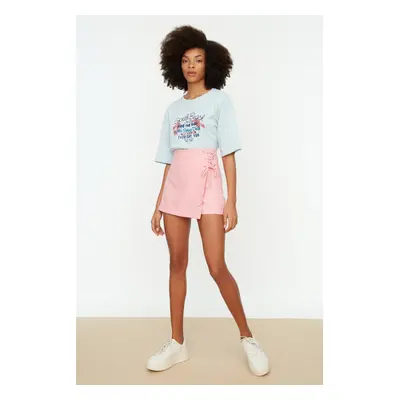 Trendyol Pink Lace-Up and Eyelet Detail Woven Shorts Skirt