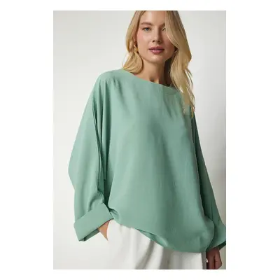 Happiness İstanbul Women's Aqua Green Bat Sleeve Flowy Ayrobin Blouse