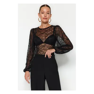 Trendyol Black Gathered Detailed Crew Neck Lace Snaps Knitted Bodysuit