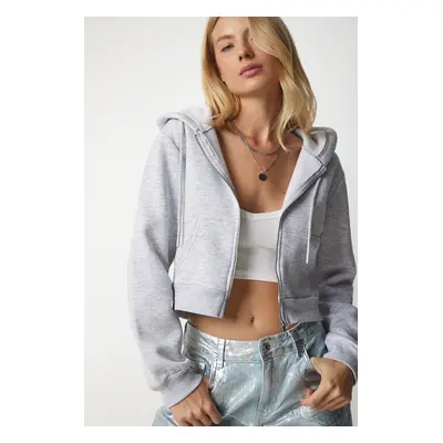 Happiness İstanbul Women's Gray Hooded Zippered Crop Sweatshirt