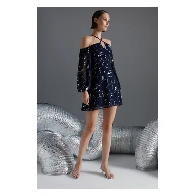 Trendyol Navy Blue Foil nyomtatott részletes elegáns estélyi ruha