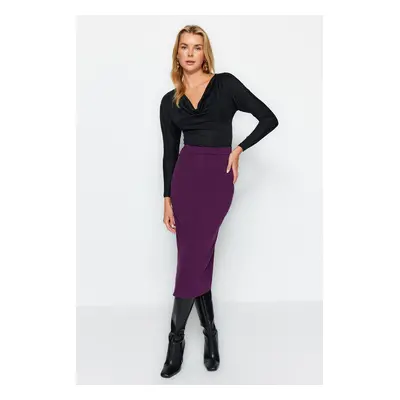 Trendyol Purple Smart Crepe with Belt Detailed Fleece Pocket Midi Pencil High Waist, Flexible Kn