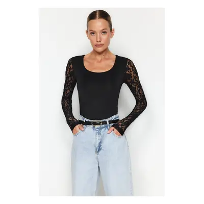 Trendyol Black Square Neck Lace Sleeve Knitted Bodysuit