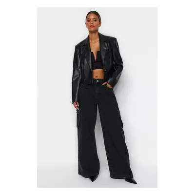 Trendyol Black High Derékkal Wide Leg farmer cargo zsebbel