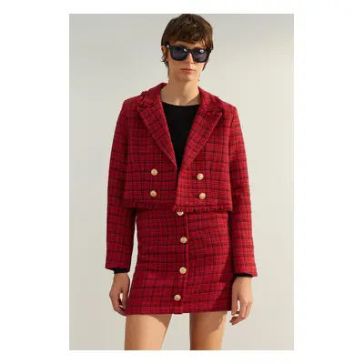 Trendyol Red Premium Regular Crop Woven Plaid Blazer Jacket