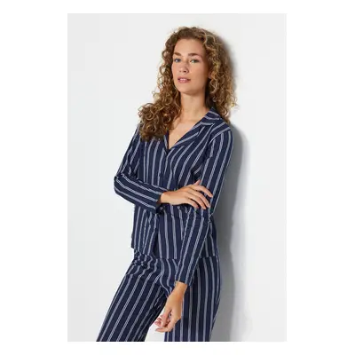 Trendyol Indigo 100% Cotton Striped Shirt-Pants Knitted Pajamas Set