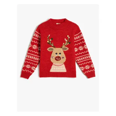 Koton Christmas Sweater Deer Pattern Crew Neck Sequined Detailed