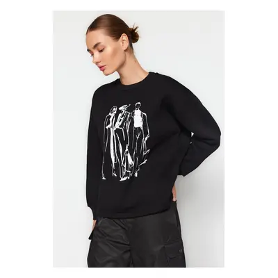 Trendyol Black Regular/Regular Printed Crew Neck Thick/Fleece Knitted Sweatshirt