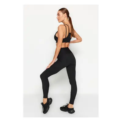 Trendyol Black Push Up teljes hosszúságú sportleggings bordázott szövet részletekkel