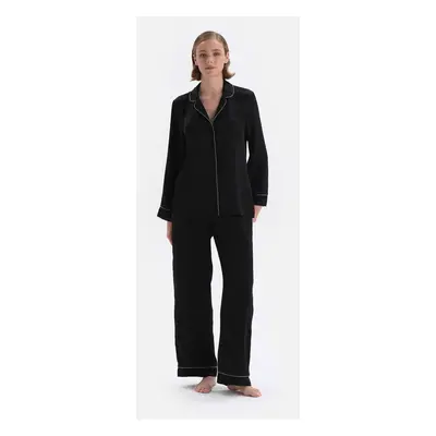 Dagi Black Lurex Stripe Detailed Satin Pajamas Set