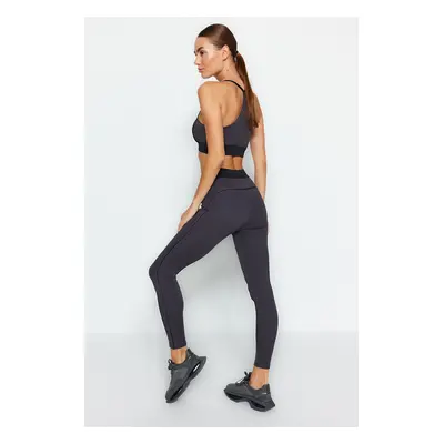 Trendyol Dark Anthracite Push Up Full Length Sports Tights With Contouring Label and Elastic Det