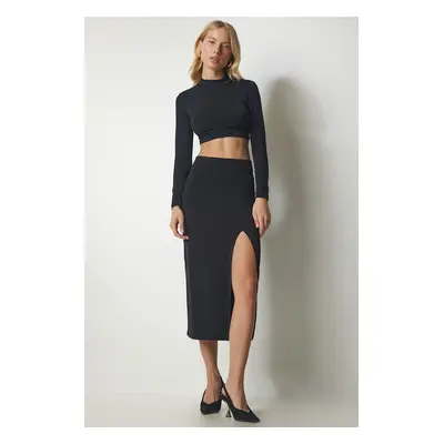 Happiness İstanbul Women's Black Sandy Stand-Up Collar Crop Skirt Suit