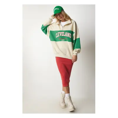 Happiness İstanbul Women's Cream Green Block Color Printed Oversize Sweatshirt