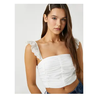 Koton Crop Top Scalloped Ruffle Strap Detail Gathered Square Neck