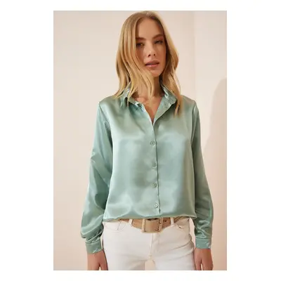 Happiness İstanbul Women's Turquoise Green Lightly Flowing Satin Finish Shirt