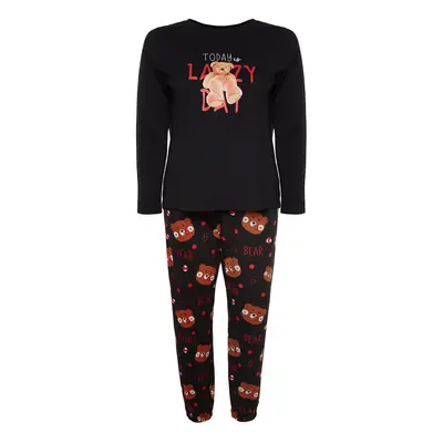 Trendyol Curve Black Animal Pattern Knitted Pajamas Set