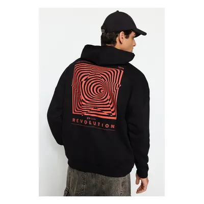 Trendyol Black Oversize/Wide Fit Hooded Labyrinth Print Fleece Cotton Sweatshirt