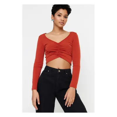 Trendyol Cinnamon Shirred Detail Fitted/Simple Crop, Stretchy Knitted Blouse