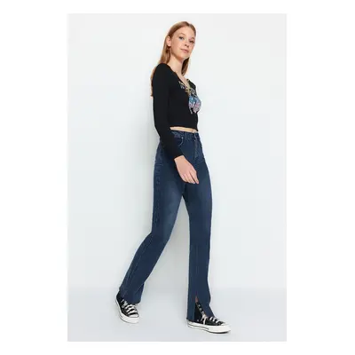 Trendyol Midnight Blue Split, magas derékú Flare farmer