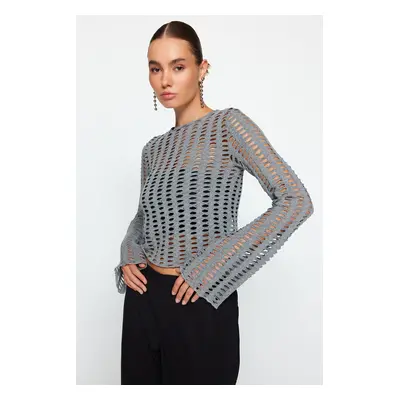 Trendyol Gray Mesh Spanish Sleeve Slim Fit Crop Crew Neck Knitted Blouse