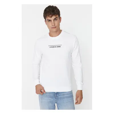 Trendyol White Men's Regular/Regular Cut Crew Neck Long Sleeved Cotton Sweatshirt