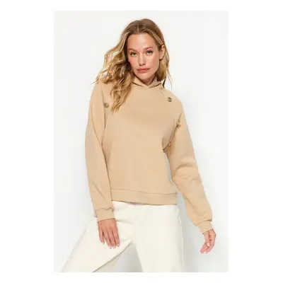 Trendyol Beige Hooded Button Detailed Regular Fit Fleece Inside Knitted Sweatshirt