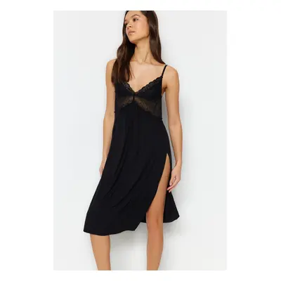 Trendyol Black Lace Back and Slit Detailed Rope Strap Knitted Nightgown