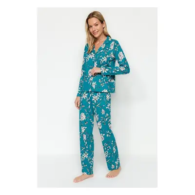 Trendyol Petrol 100% Cotton Floral Pattern Shirt-Pants and Knitted Pajamas Set