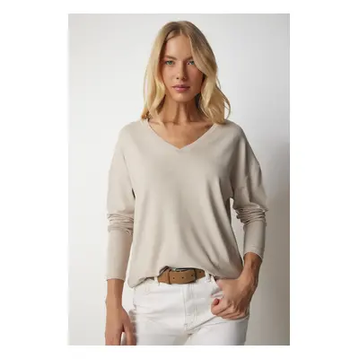 Happiness İstanbul Women's Beige V Neck Knitwear Blouse